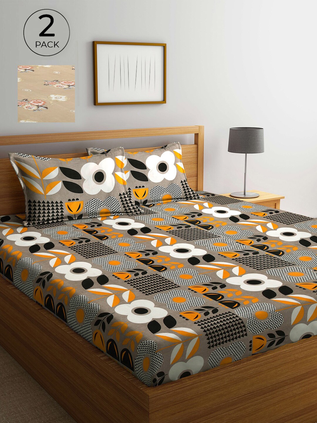 

Arrabi Grey & Beige Floral 300 TC 2 King Bedsheets with 4 Pillow Covers