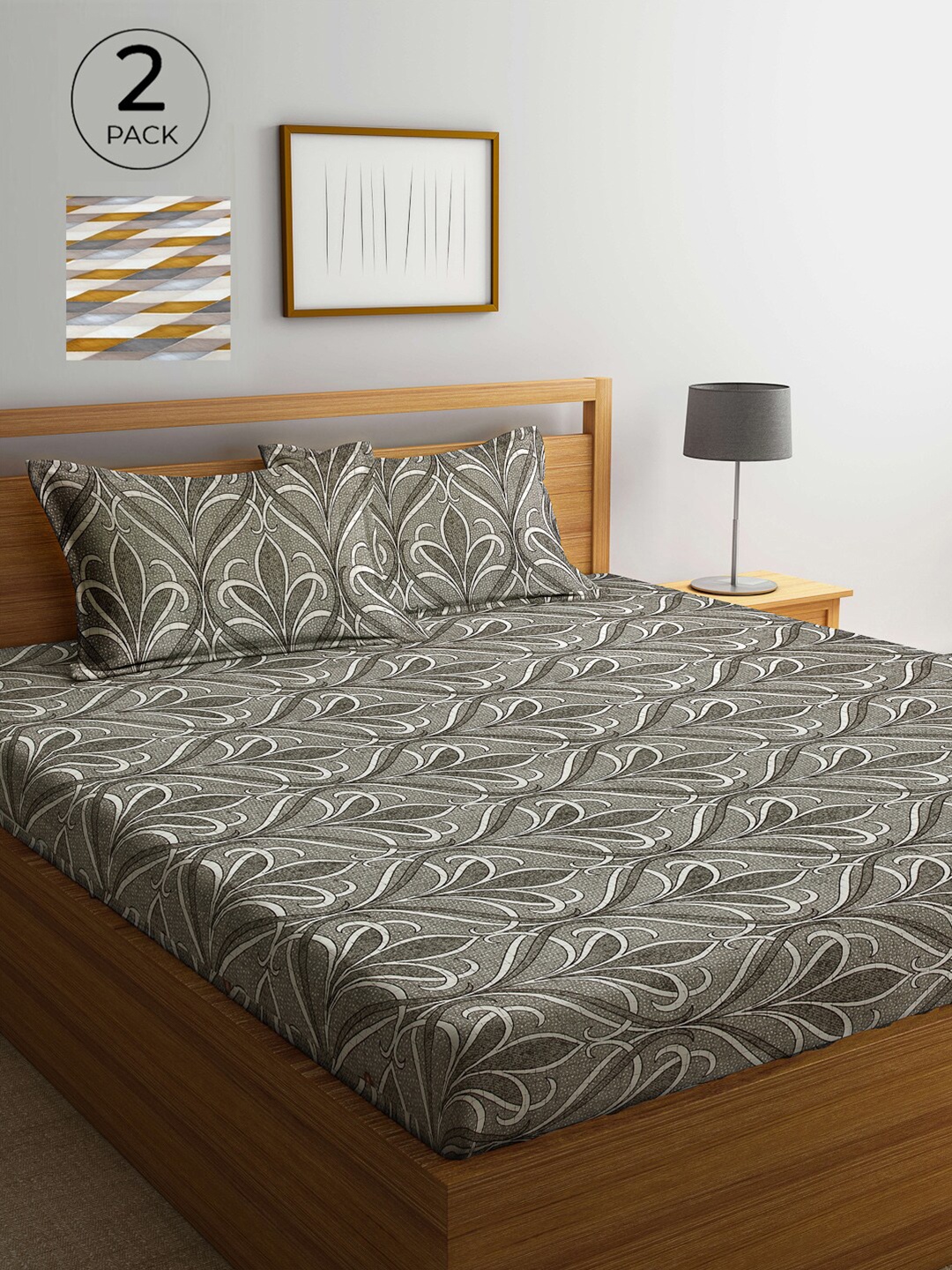 

Arrabi Pack Of 2 Printed 300 TC King Bedsheet with 2 Pillow Covers, Grey