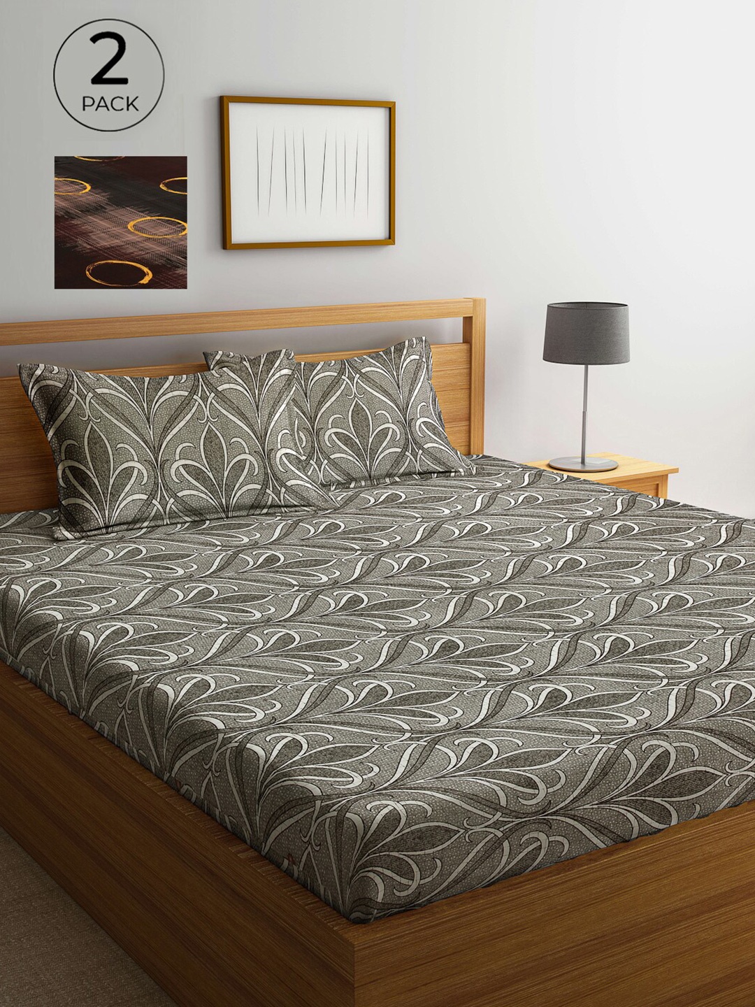 

Arrabi Pack Of 2 Printed 300 TC King Bedsheet with 2 Pillow Covers, Grey