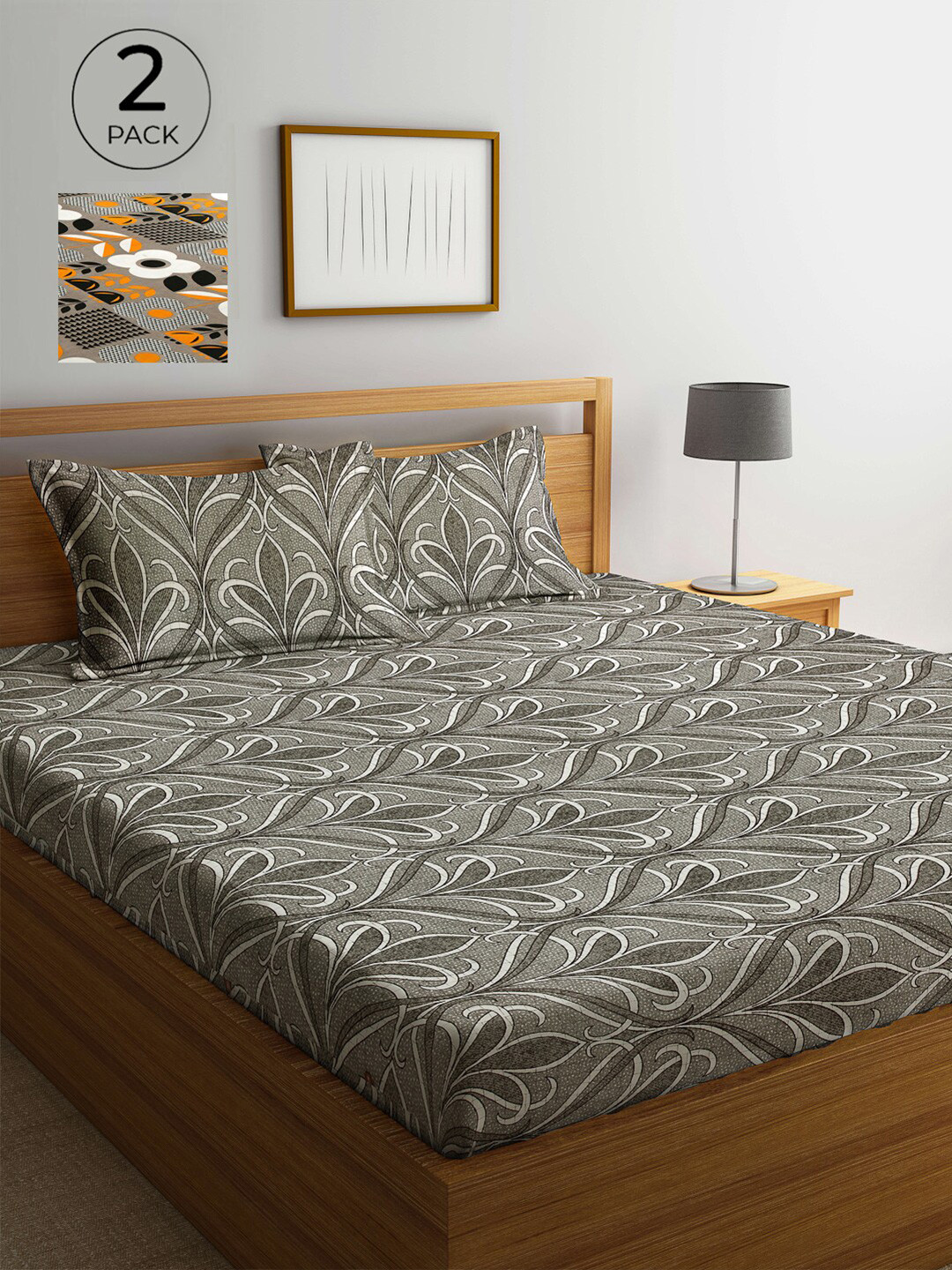 

Arrabi Set Of 2 Multicoloured Printed 300 TC King Bedsheet With 4 Pillow Covers, Multi