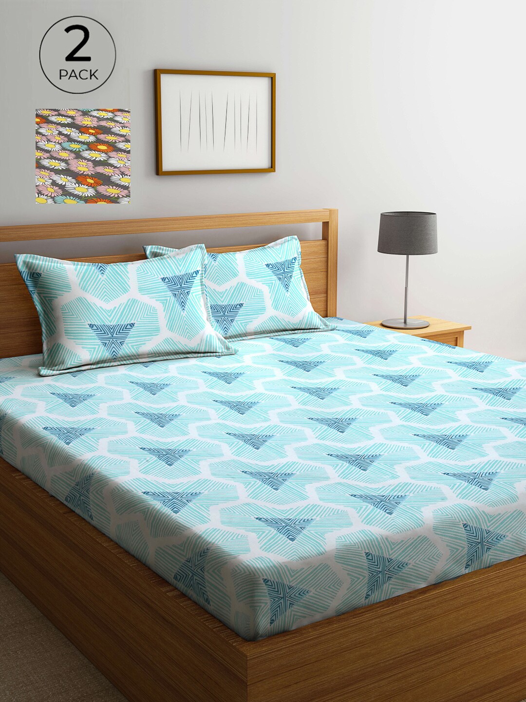 

Arrabi Blue & Grey Geometric 300 TC 2 King Bedsheets with 4 Pillow Covers