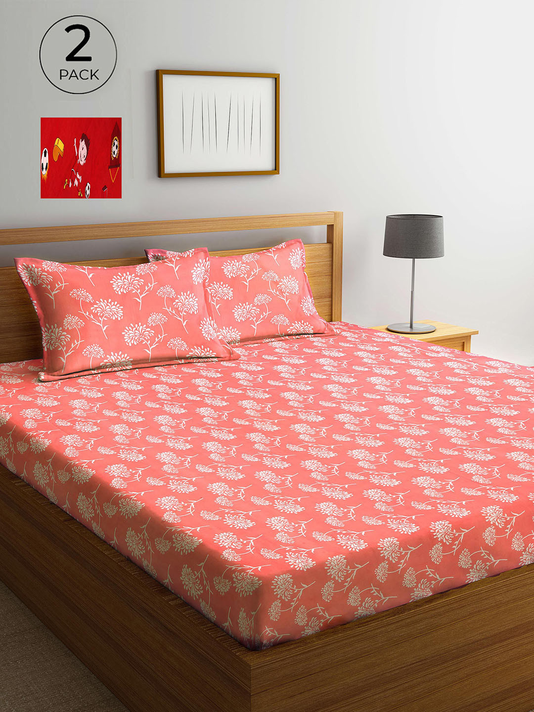 

Arrabi Pack Of 2 Printed 300 TC King Bedsheet with 2 Pillow Covers, Peach