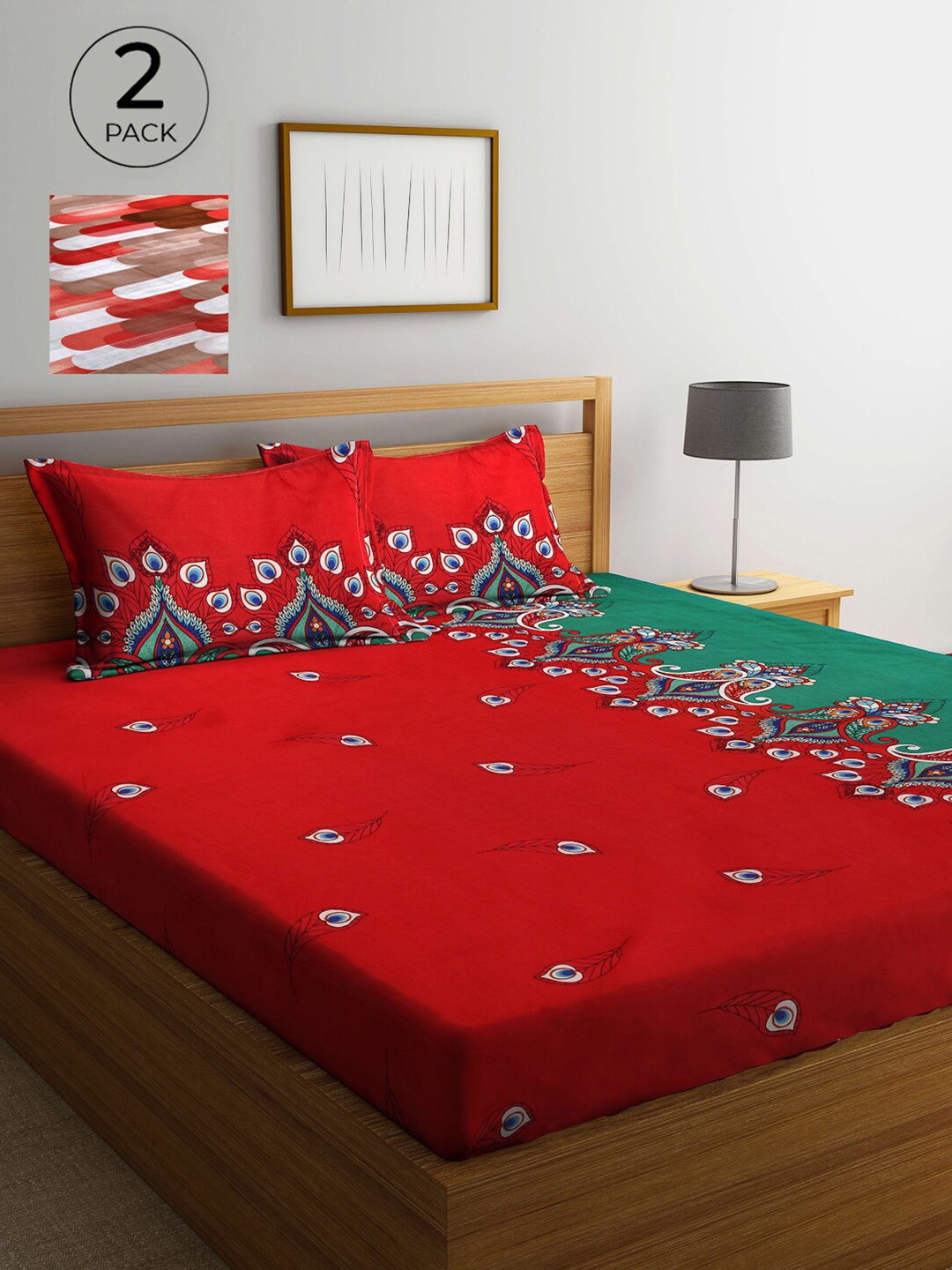 

Arrabi Red & Green Ethnic Motifs 300 TC 2 King Bedsheets with 4 Pillow Covers