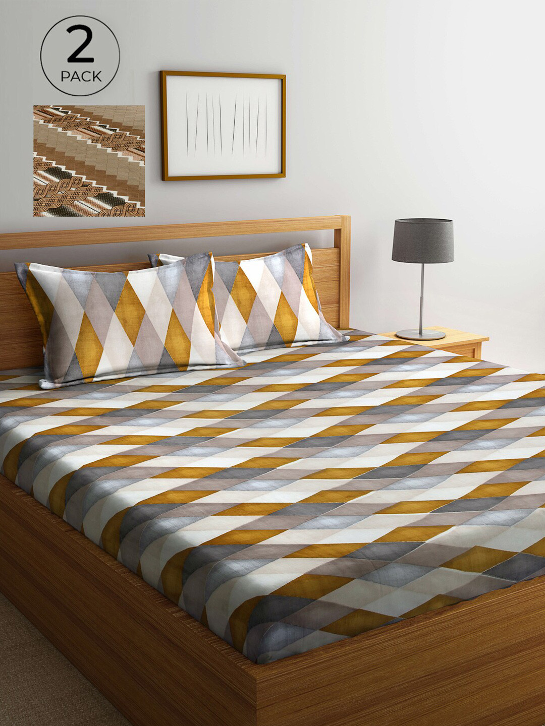 

Arrabi Set Of 2 Multicoloured Printed 300 TC King Bedsheet With 4 Pillow Covers, Multi