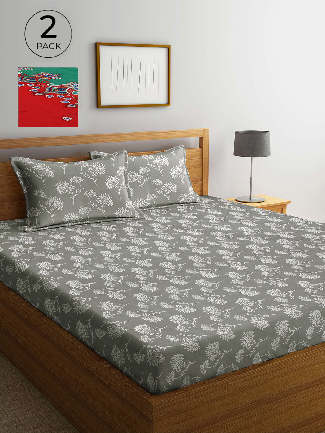 

Arrabi Grey & Red Floral 300 TC 2 King Bedsheets with 4 Pillow Covers