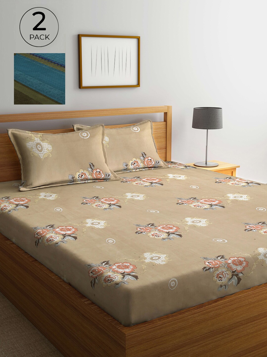 

Arrabi Pack Of 2 Printed 300 TC King Bedsheet with 2 Pillow Covers, Beige