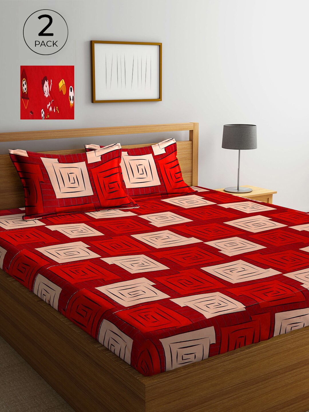 

Arrabi Pack Of 2 Geometric 300 TC 2 Double King Bedsheet with 4 Pillow Covers, Red