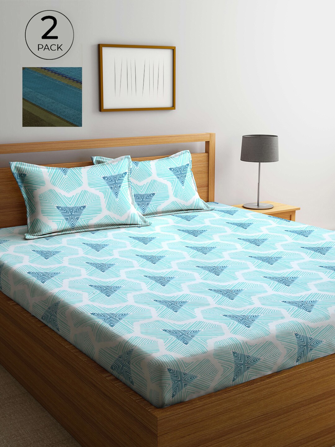 

Arrabi Pack Of 2 Printed 300 TC King Bedsheet with 2 Pillow Covers, Turquoise blue