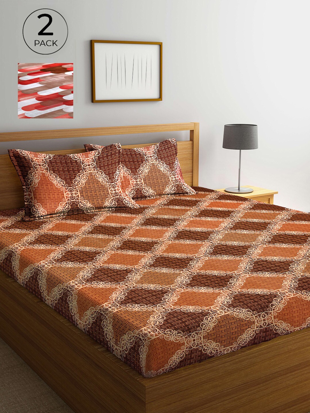 

Arrabi Brown & Red Geometric 300 TC 2 King Bedsheets with 4 Pillow Covers