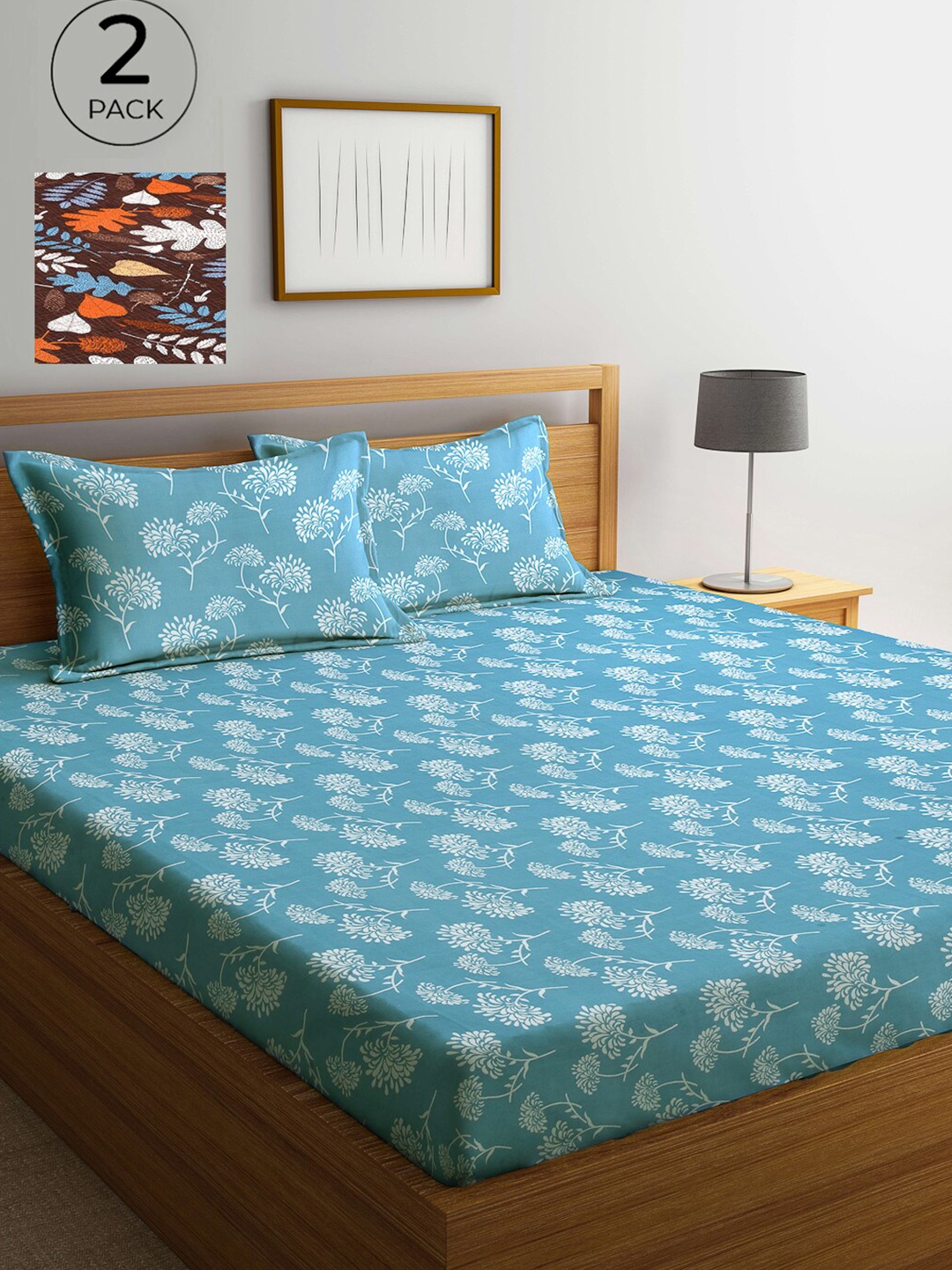 

Arrabi Pack Of 2 Printed 300 TC King Bedsheet with 2 Pillow Covers, Blue