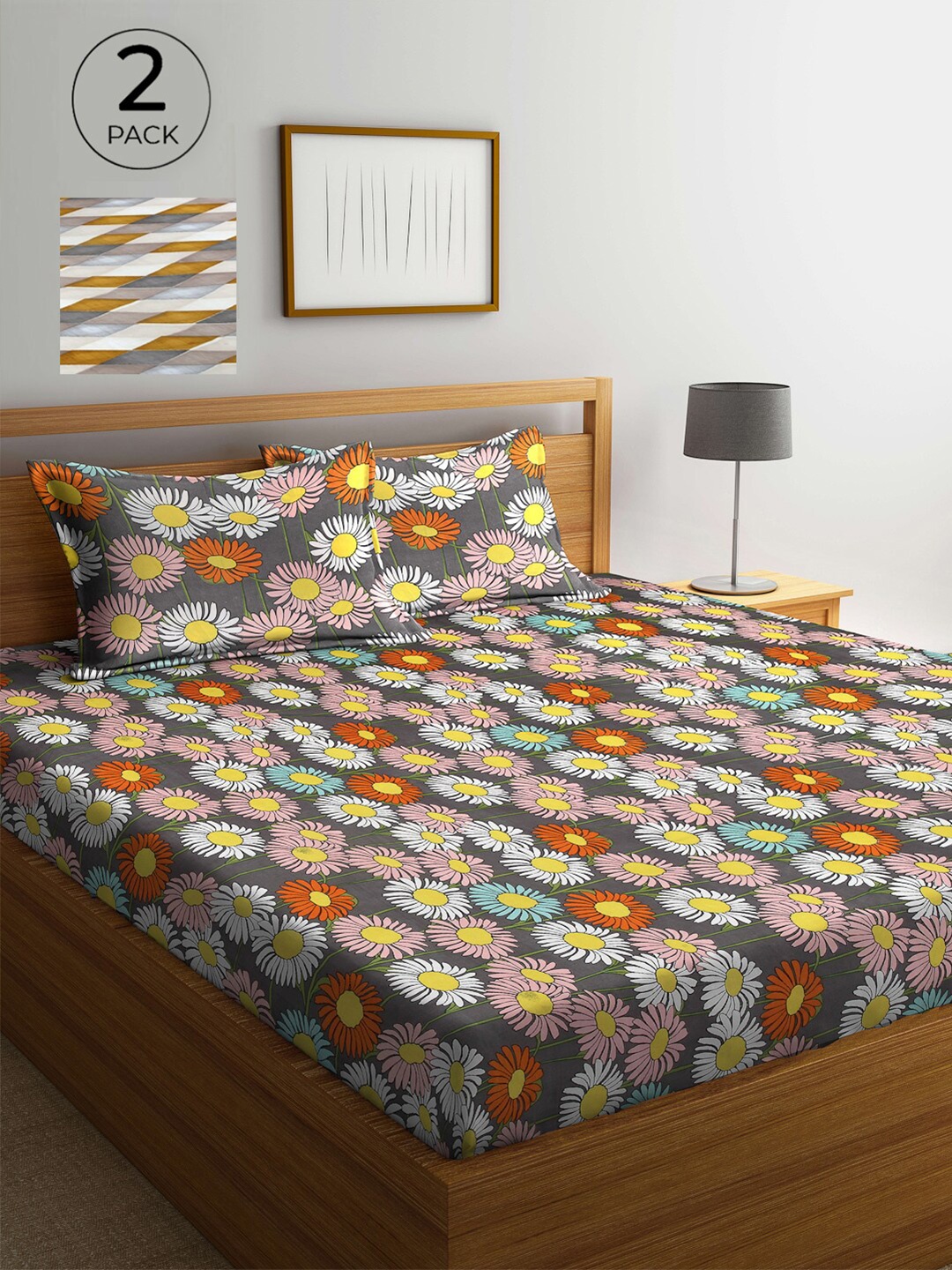 

Arrabi Pack Of 2 Printed 300 TC King Bedsheet with 2 Pillow Covers, Grey