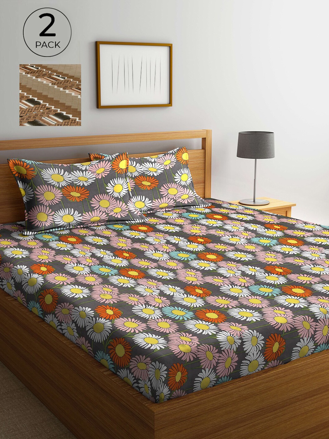 

Arrabi Multicoloured Floral 300 TC 2 King Bedsheet with 4 Pillow Covers, Multi