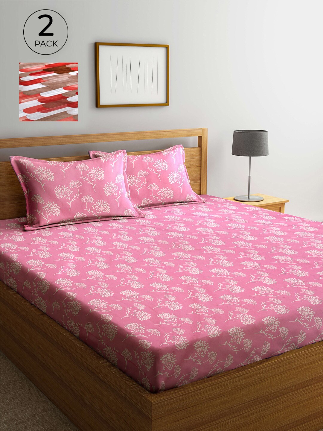 

Arrabi Pink & Red Floral 300 TC 2 King Bedsheets with 4 Pillow Covers