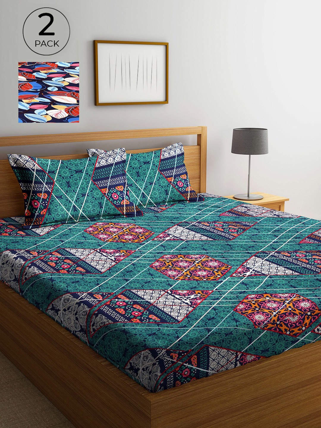 

Arrabi Pack Of 2 Printed 300 TC King Bedsheet with 2 Pillow Covers, Navy blue