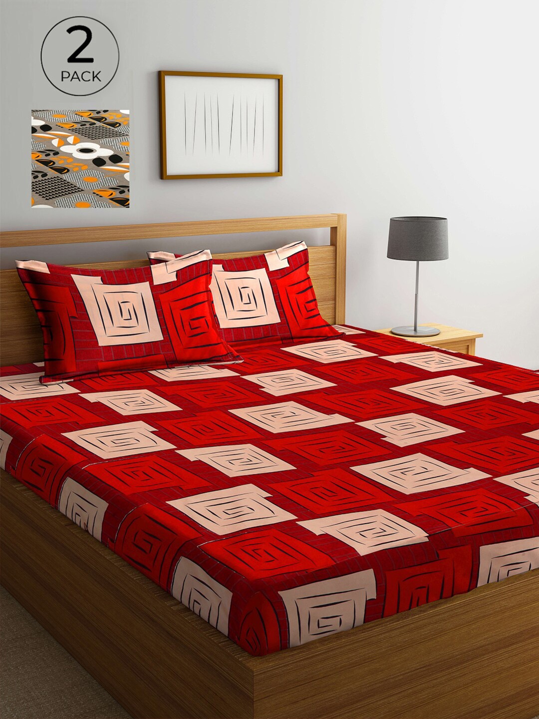 

Arrabi Pack Of 2 Printed 300 TC King Bedsheet with 2 Pillow Covers, Red