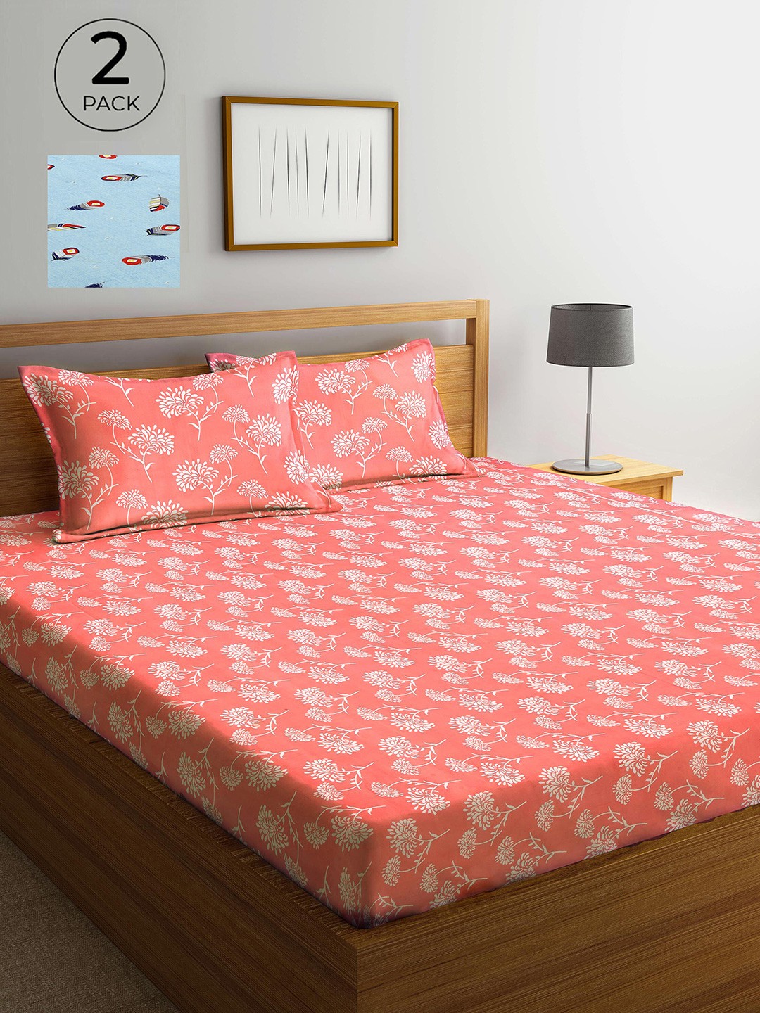 

Arrabi Set Of 2 Multicoloured Floral 300 TC King Bedsheet With 4 Pillow Covers, Multi