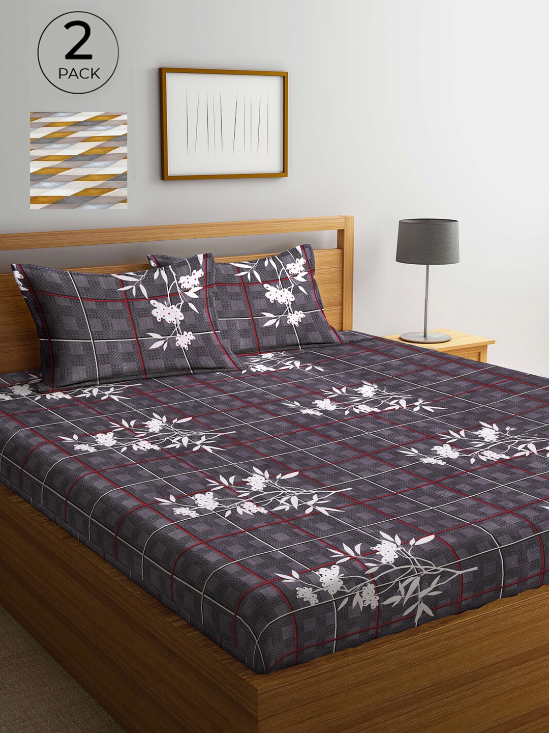 

Arrabi Grey & White Floral 300 TC 2 King Bedsheets with 4 Pillow Covers