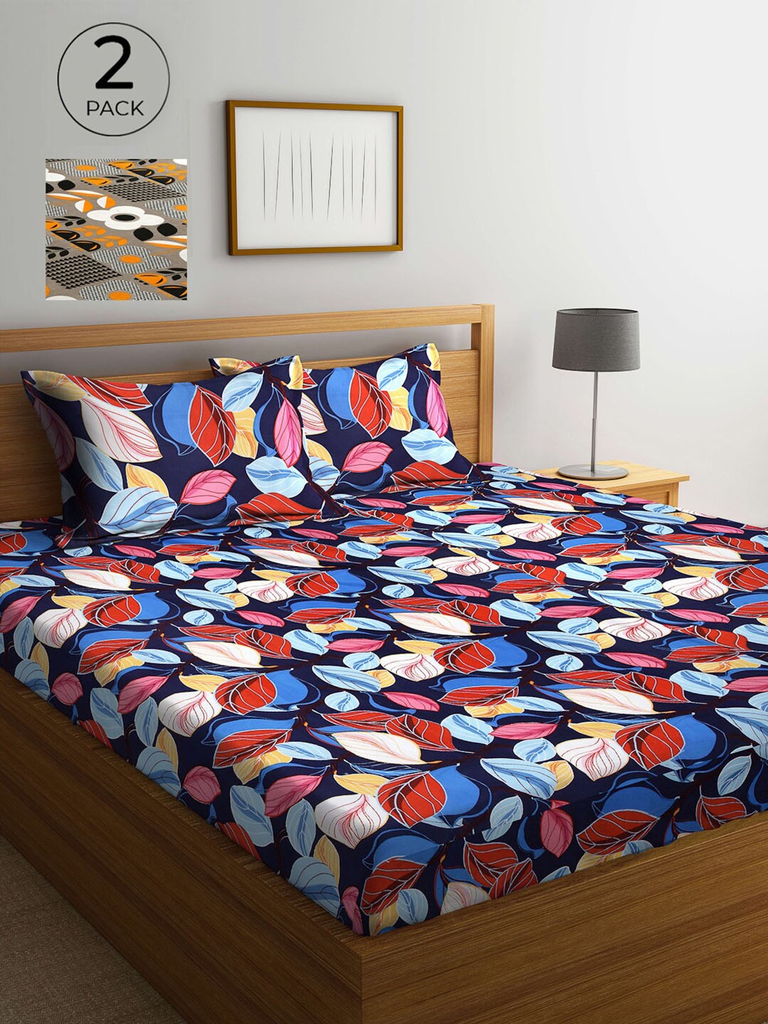 

Arrabi Set Of 2 Multicoloured Printed 300 TC King Bedsheet With 4 Pillow Covers, Multi