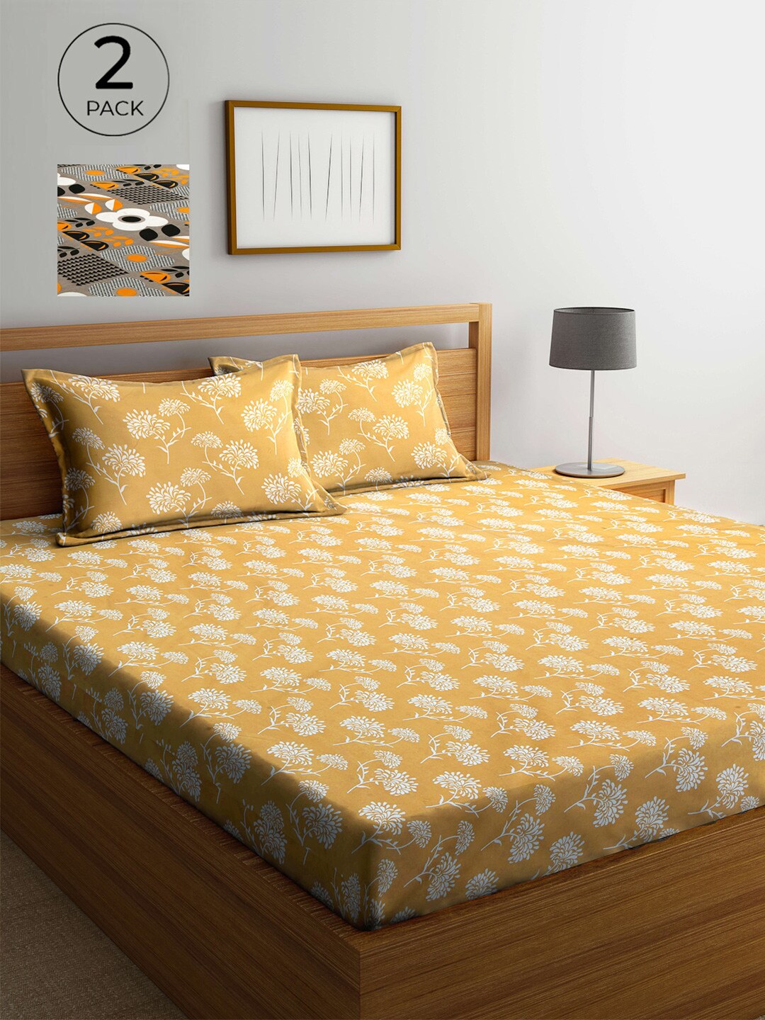 

Arrabi Yellow & Grey Floral 300 TC 2 King Bedsheets with 4 Pillow Covers