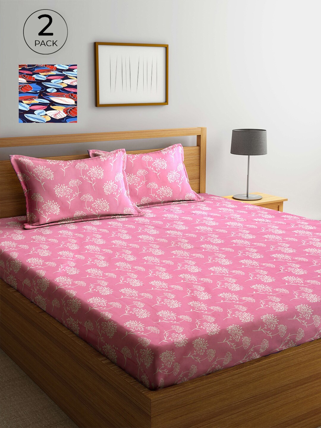 

Arrabi Pink & Blue Floral 300 TC 2 King Bedsheets with 4 Pillow Covers