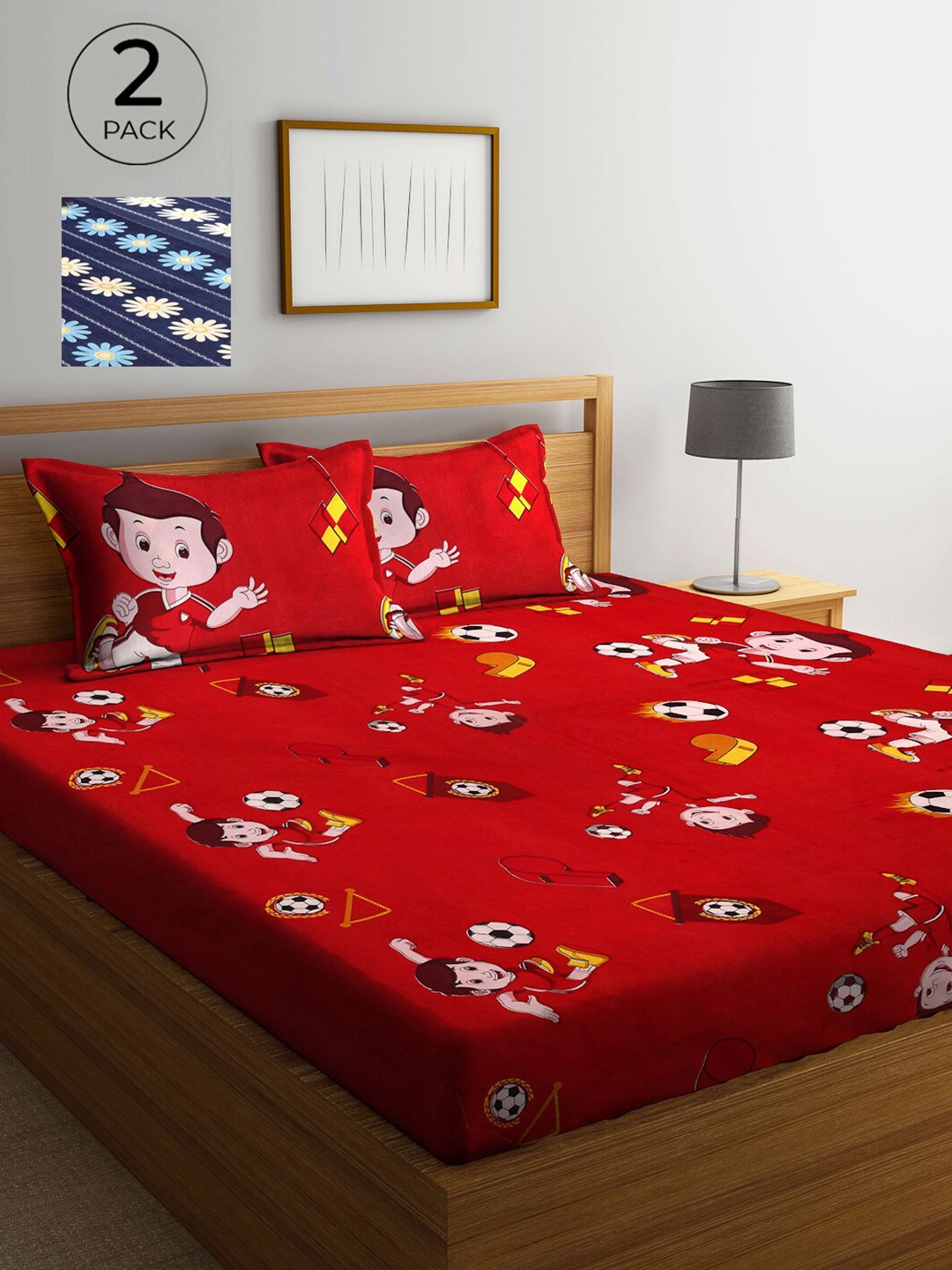 

Arrabi Pack Of 2 Printed 300 TC King Bedsheet with 2 Pillow Covers, Red
