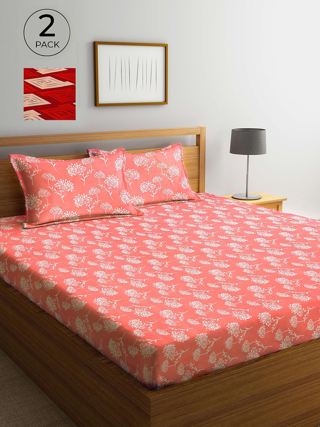 

Arrabi Coral & Red Floral 300 TC 2 King Bedsheets with 4 Pillow Covers