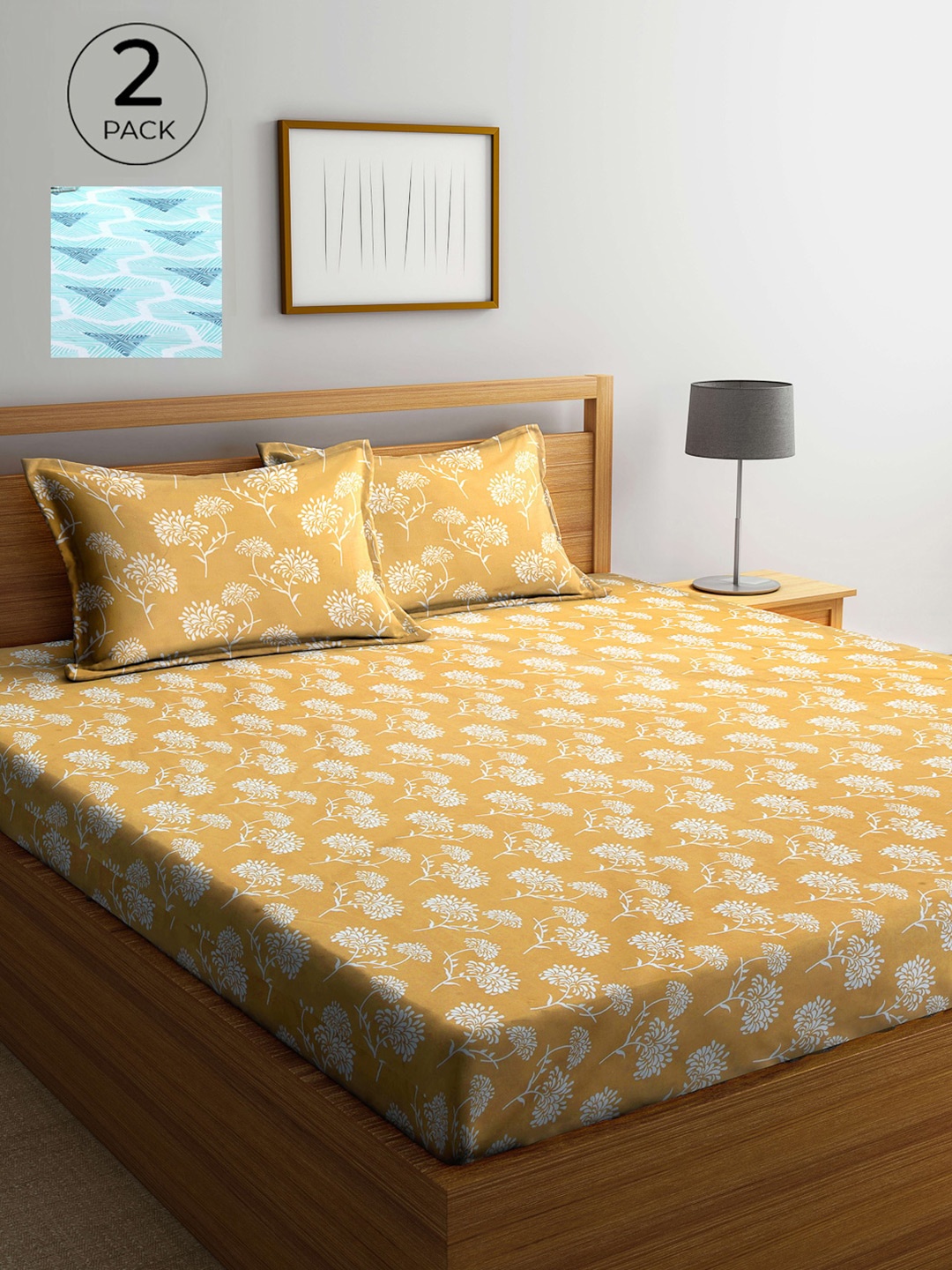 

Arrabi Pack Of 2 Floral 300 TC 2 Double King Bedsheet with 4 Pillow Covers, Turquoise blue