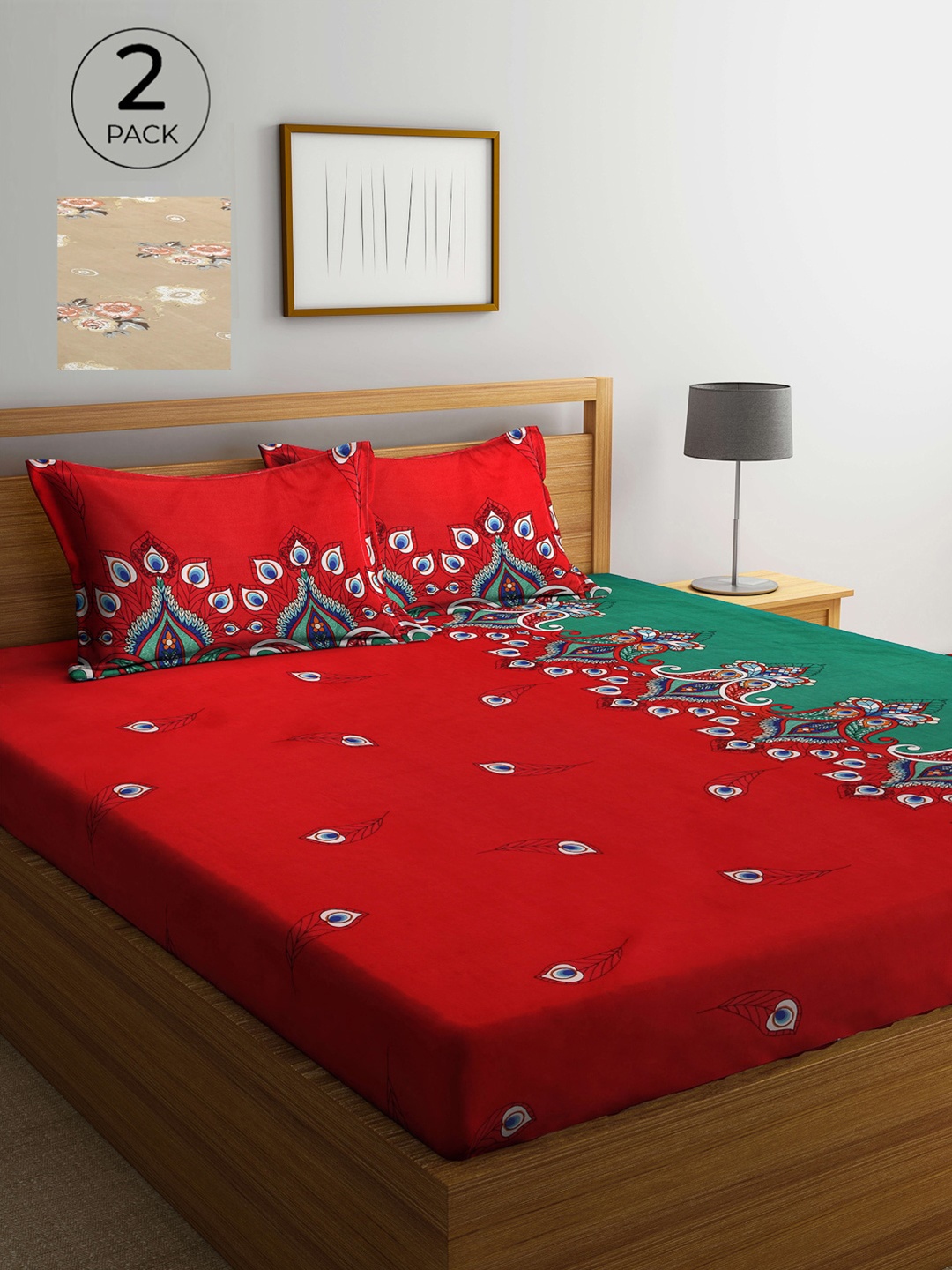 

Arrabi Pack Of 2 Printed 300 TC King Bedsheet with 2 Pillow Covers, Red