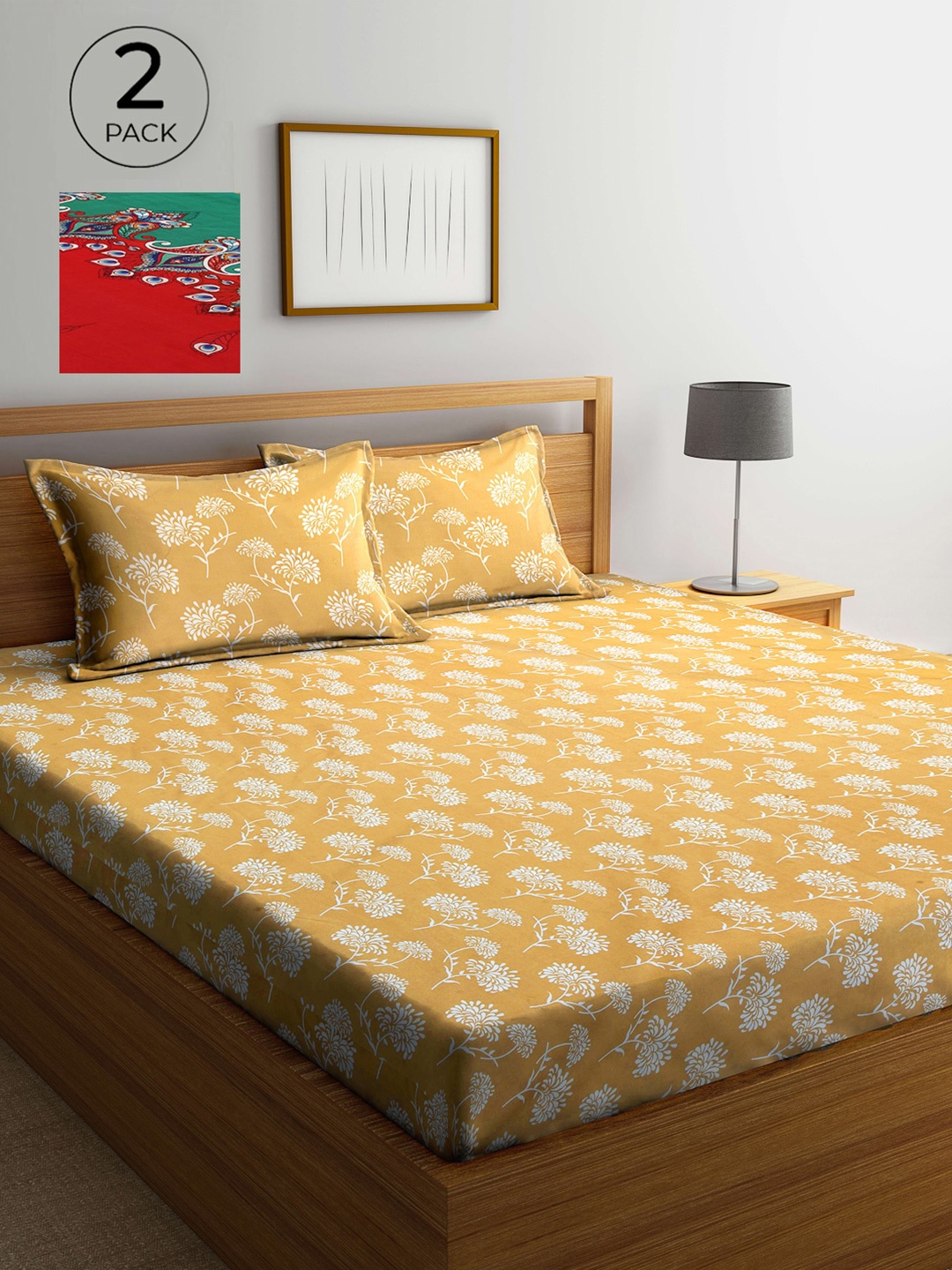 

Arrabi Yellow & Red Floral 300 TC 2 King Bedsheets with 4 Pillow Covers