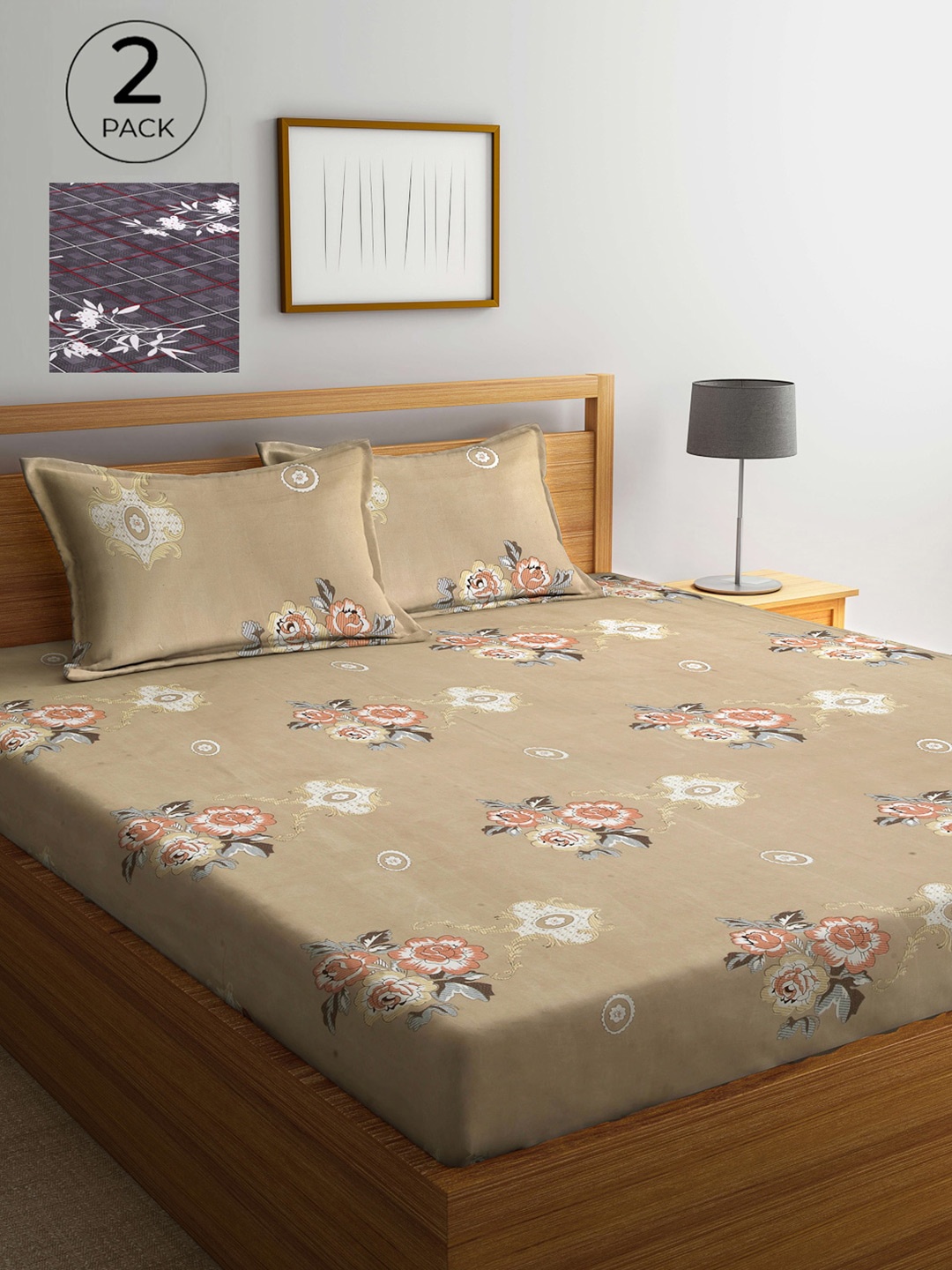 

Arrabi Pack Of 2 Printed 300 TC King Bedsheet with 2 Pillow Covers, Grey