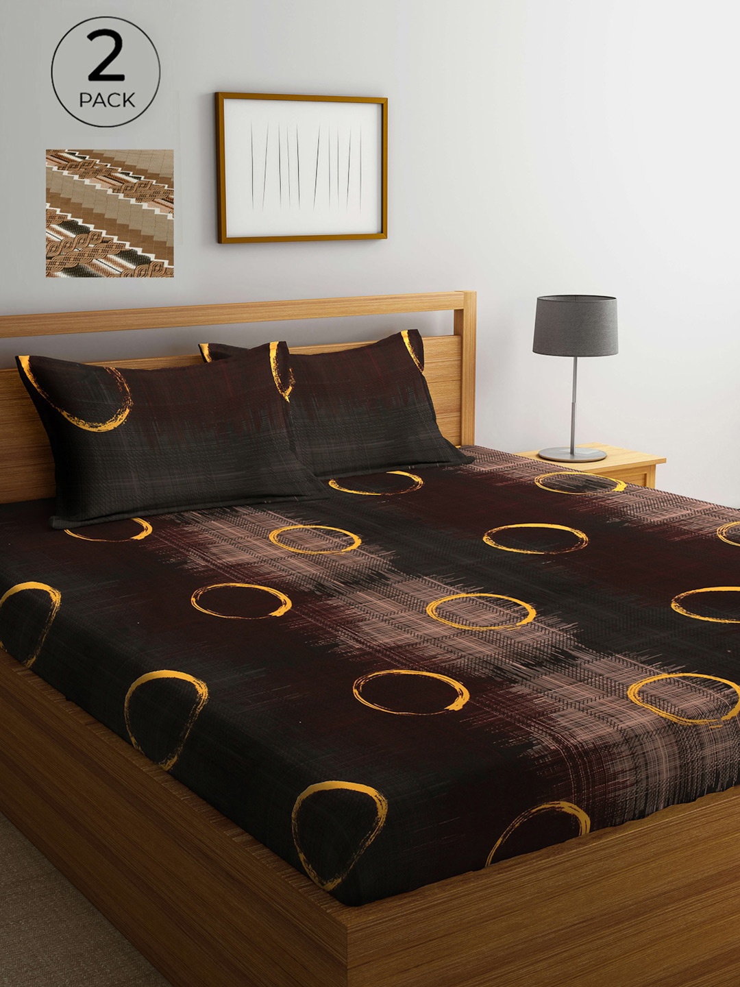 

Arrabi Pack Of 2 Printed 300 TC King Bedsheet with 2 Pillow Covers, Brown
