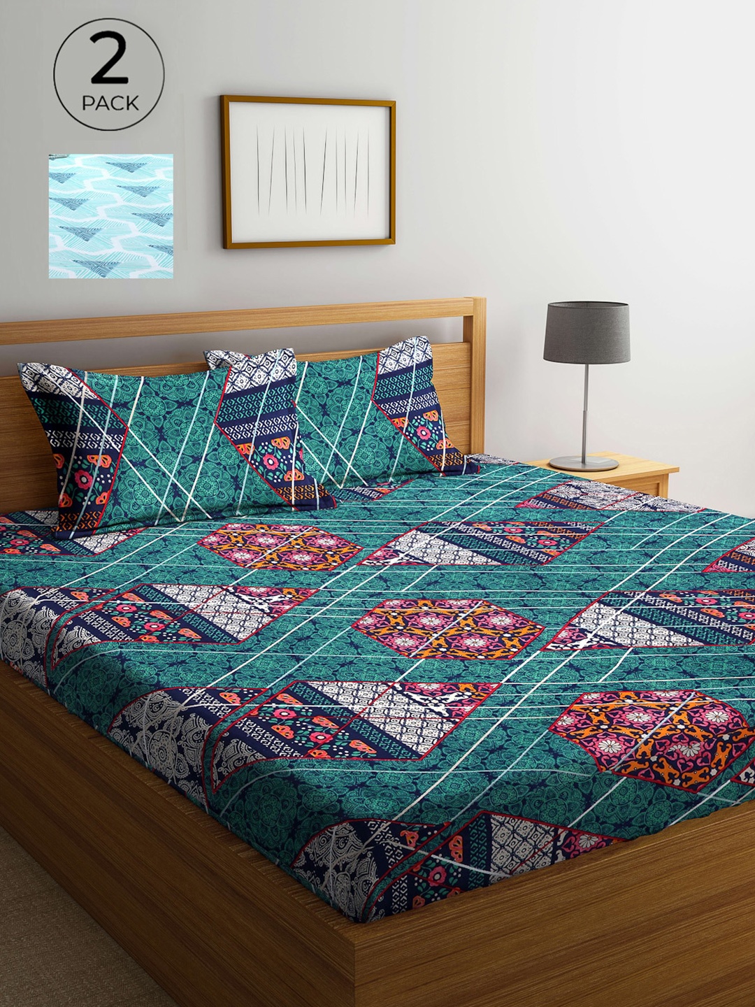 

Arrabi Pack Of 2 Printed 300 TC King Bedsheet with 2 Pillow Covers, Green