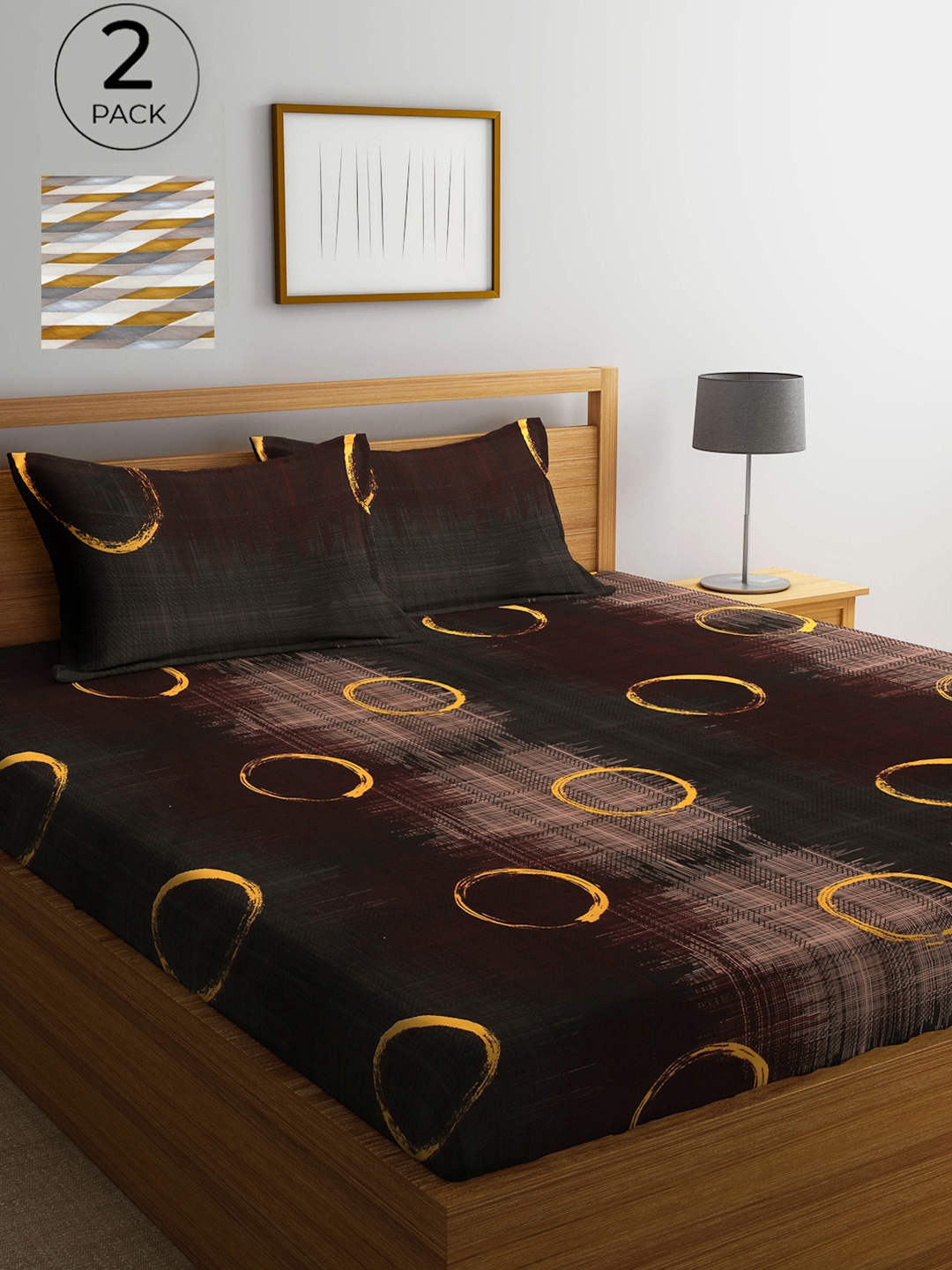 

Arrabi Set Of 2 Multicoloured Geometric 300 TC King Bedsheet With 4 Pillow Covers, Multi