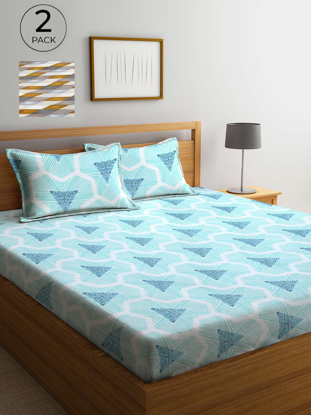 

Arrabi Pack Of 2 Geometric 300 TC 2 Double King Bedsheet with 4 Pillow Covers, Multi