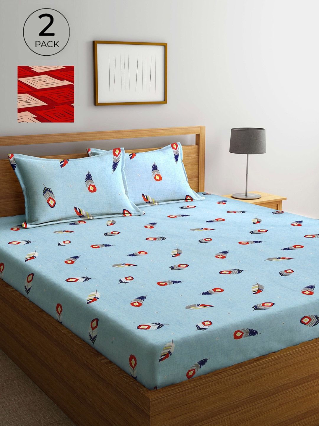 

Arrabi Blue & Red Floral 300 TC 2 King Bedsheets with 4 Pillow Covers
