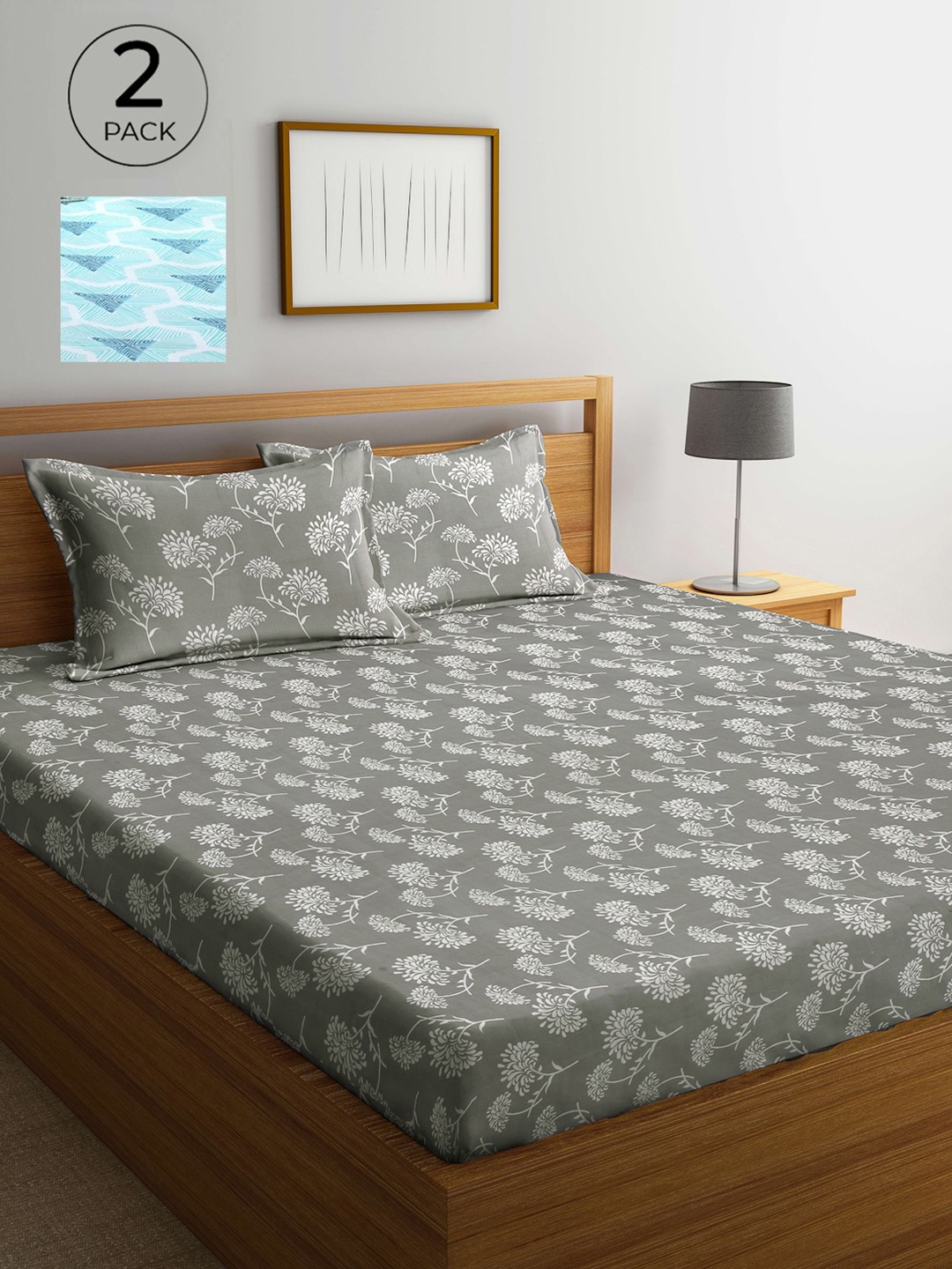 

Arrabi Grey & Blue Floral 300 TC 2 King Bedsheets with 4 Pillow Covers