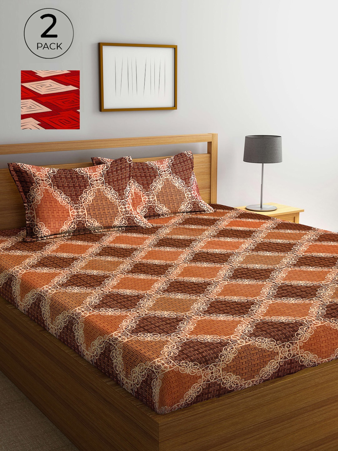 

Arrabi Pack Of 2 Printed 300 TC King Bedsheet with 2 Pillow Covers, Brown