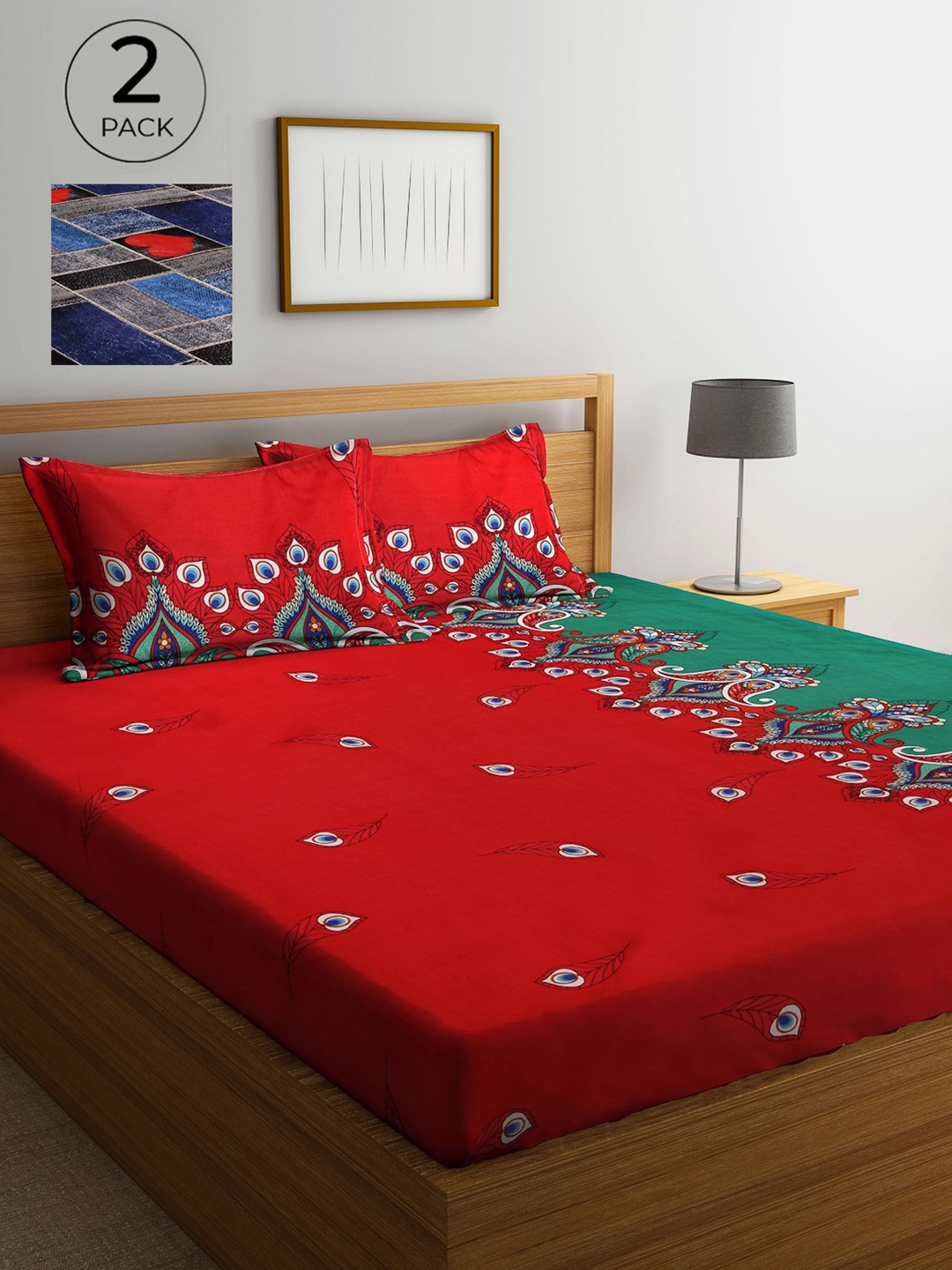 

Arrabi Red & Blue Ethnic Motifs 300 TC 2 King Bedsheets with 4 Pillow Covers