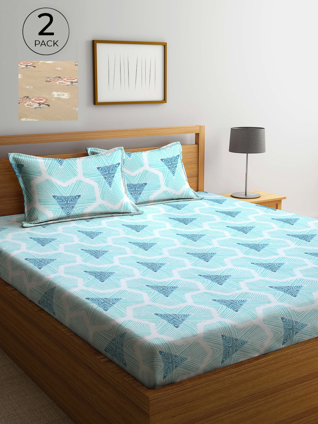 

Arrabi Blue & Tan Geometric 300 TC 2 King Bedsheets with 4 Pillow Covers