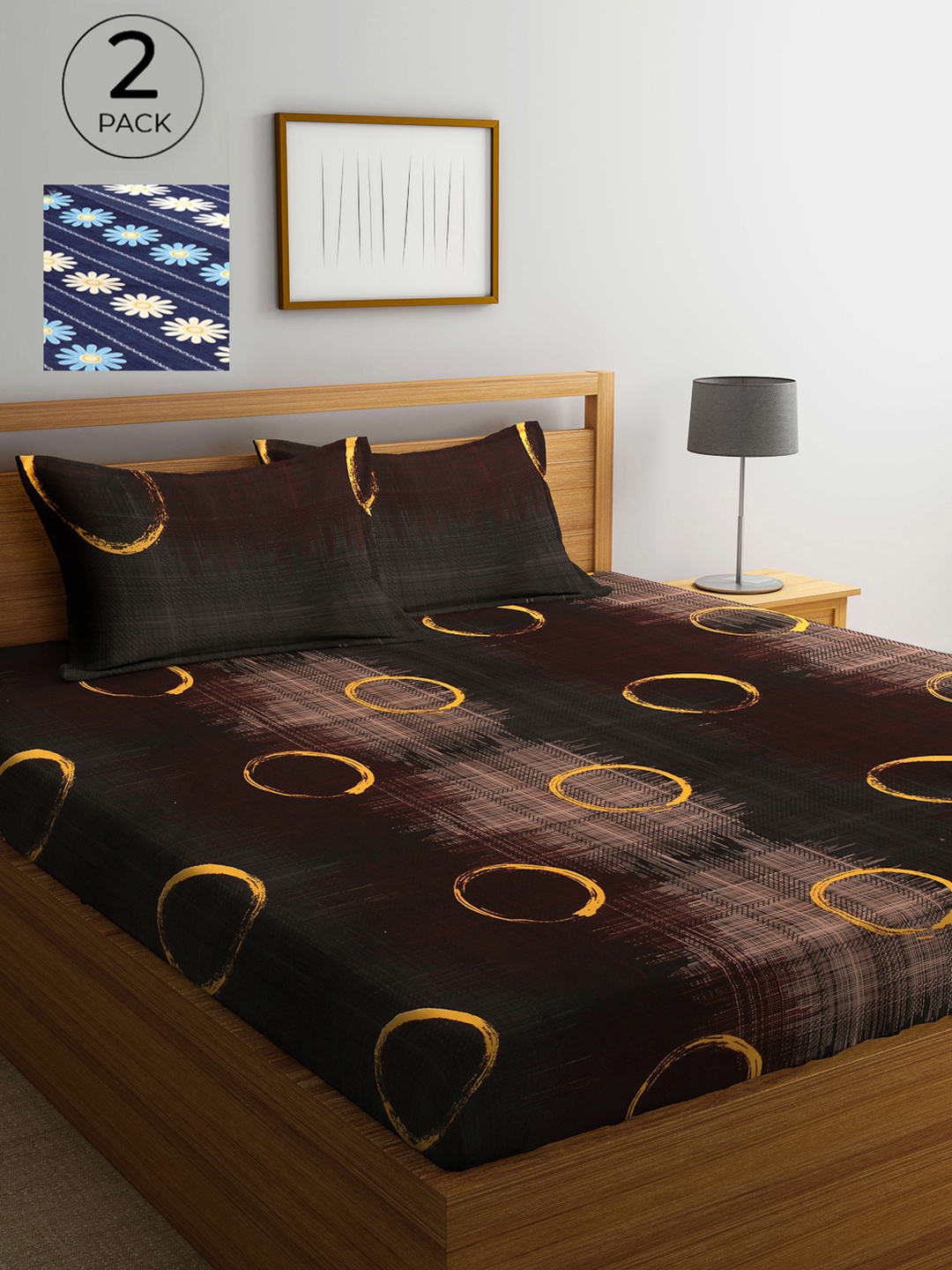 

Arrabi Pack Of 2 Printed 300 TC King Bedsheet with 2 Pillow Covers, Brown
