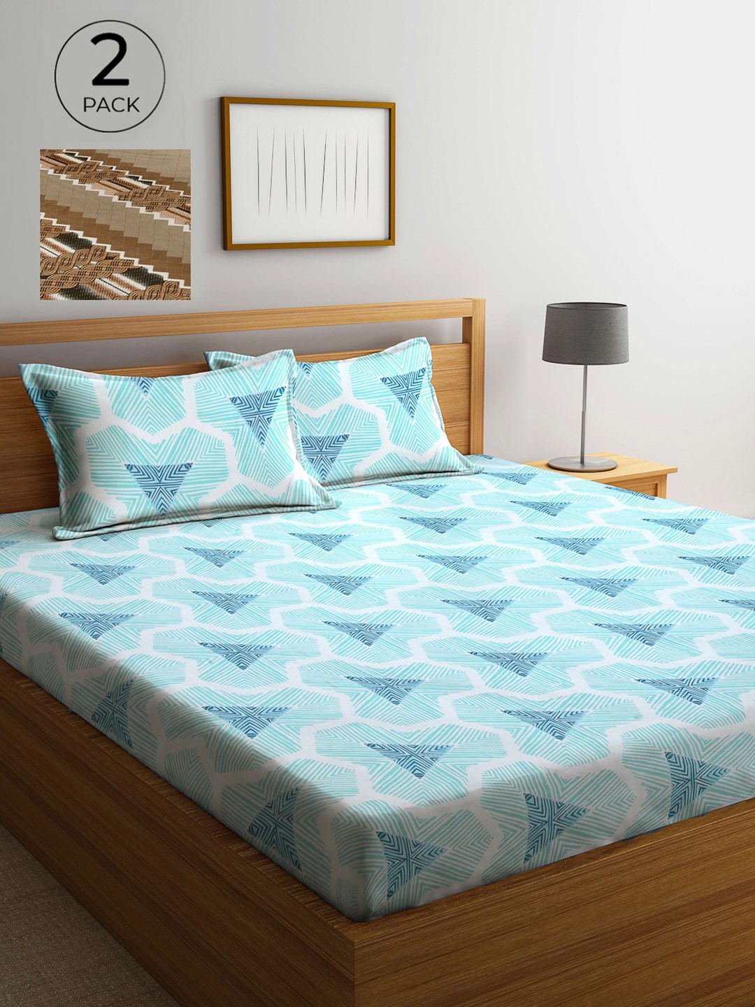 

Arrabi Set Of 2 Multicolored Geometric 300 TC King Bedsheet With 4 Pillow Covers, Multi