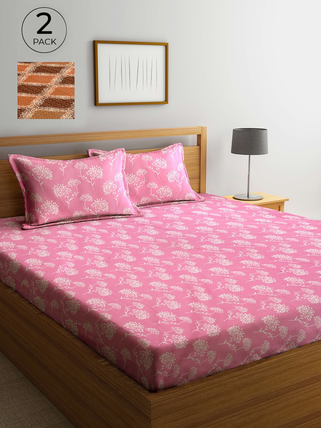 

Arrabi Pink & Brown Floral 300 TC 2 King Bedsheets with 4 Pillow Covers