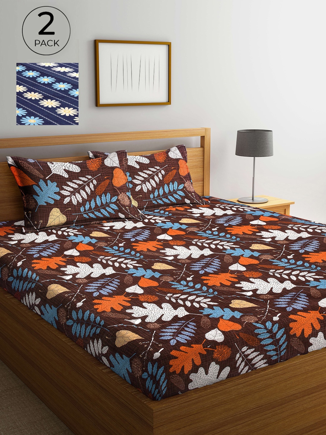 

Arrabi Navy Blue & Brown Floral 300 TC 2 King Bedsheets with 4 Pillow Covers