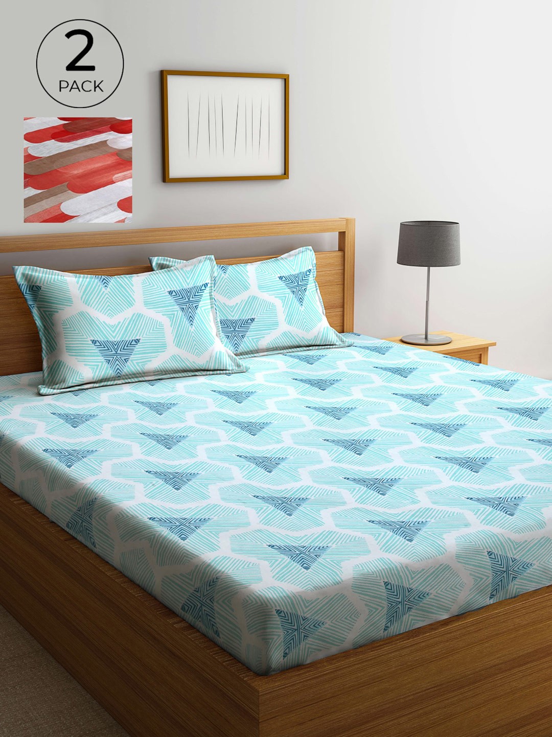 

Arrabi Blue & Red Geometric 300 TC 2 King Bedsheets with 4 Pillow Covers