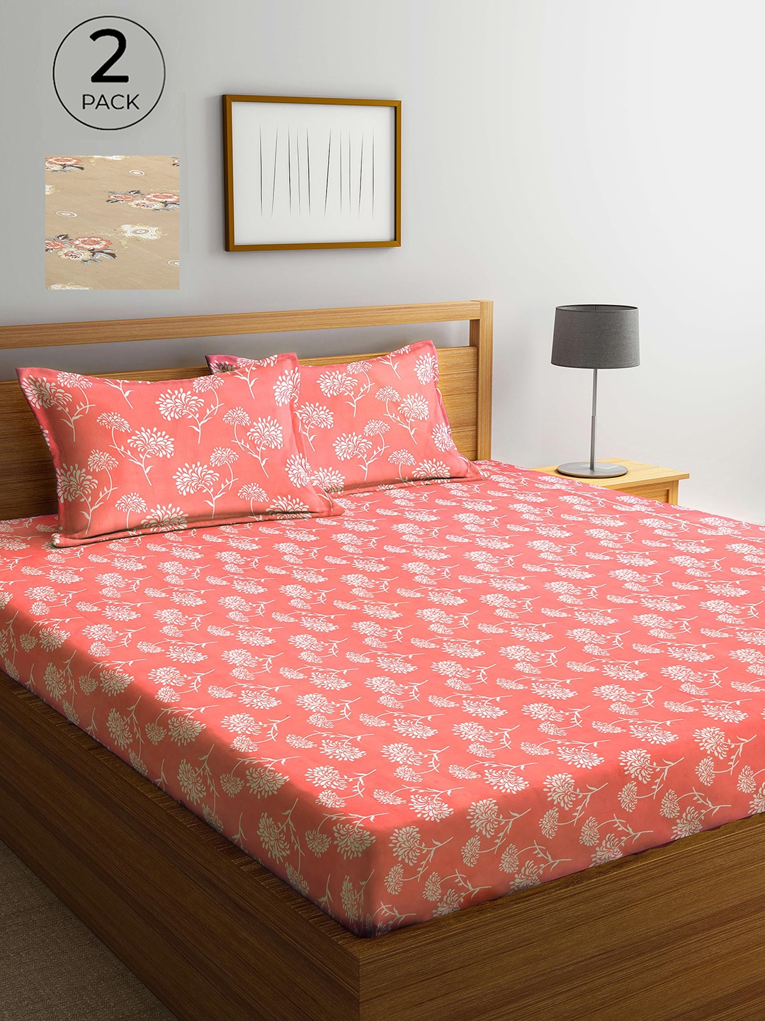 

Arrabi Coral & Beige Floral 300 TC 2 King Bedsheets with 4 Pillow Covers