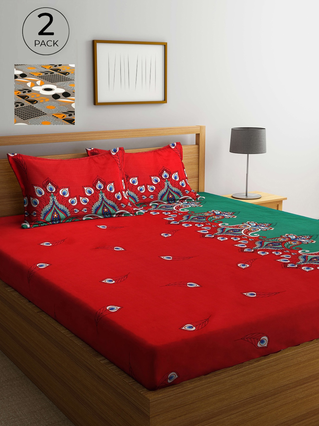

Arrabi Pack Of 2 Printed 300 TC King Bedsheet with 2 Pillow Covers, Red