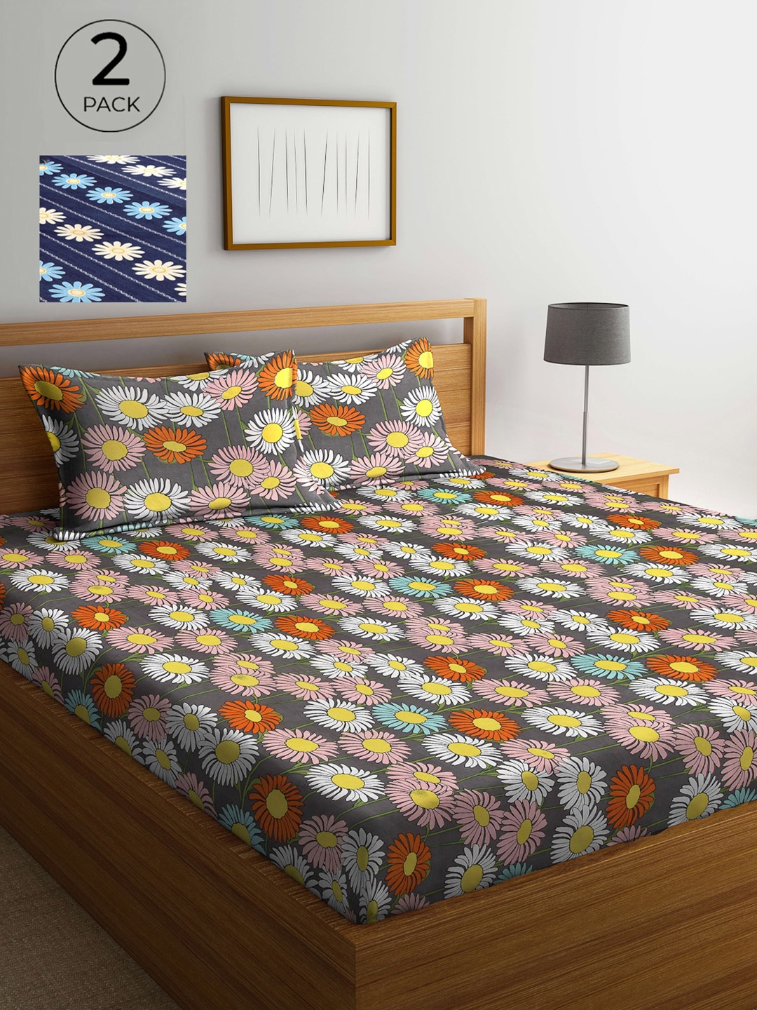 

Arrabi Pack Of 2 Multicoloured Floral 300 TC 2 Double King Bedsheet with 4 Pillow Covers, Multi