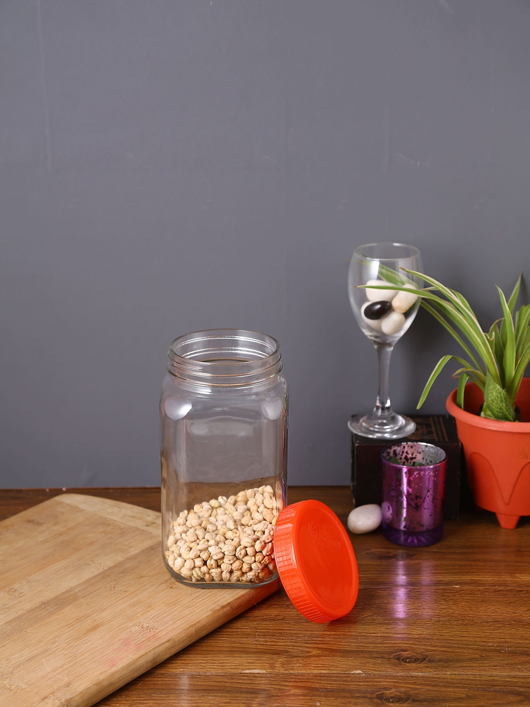 

Storehaus Transparent & Red Solid Square Storage Jar