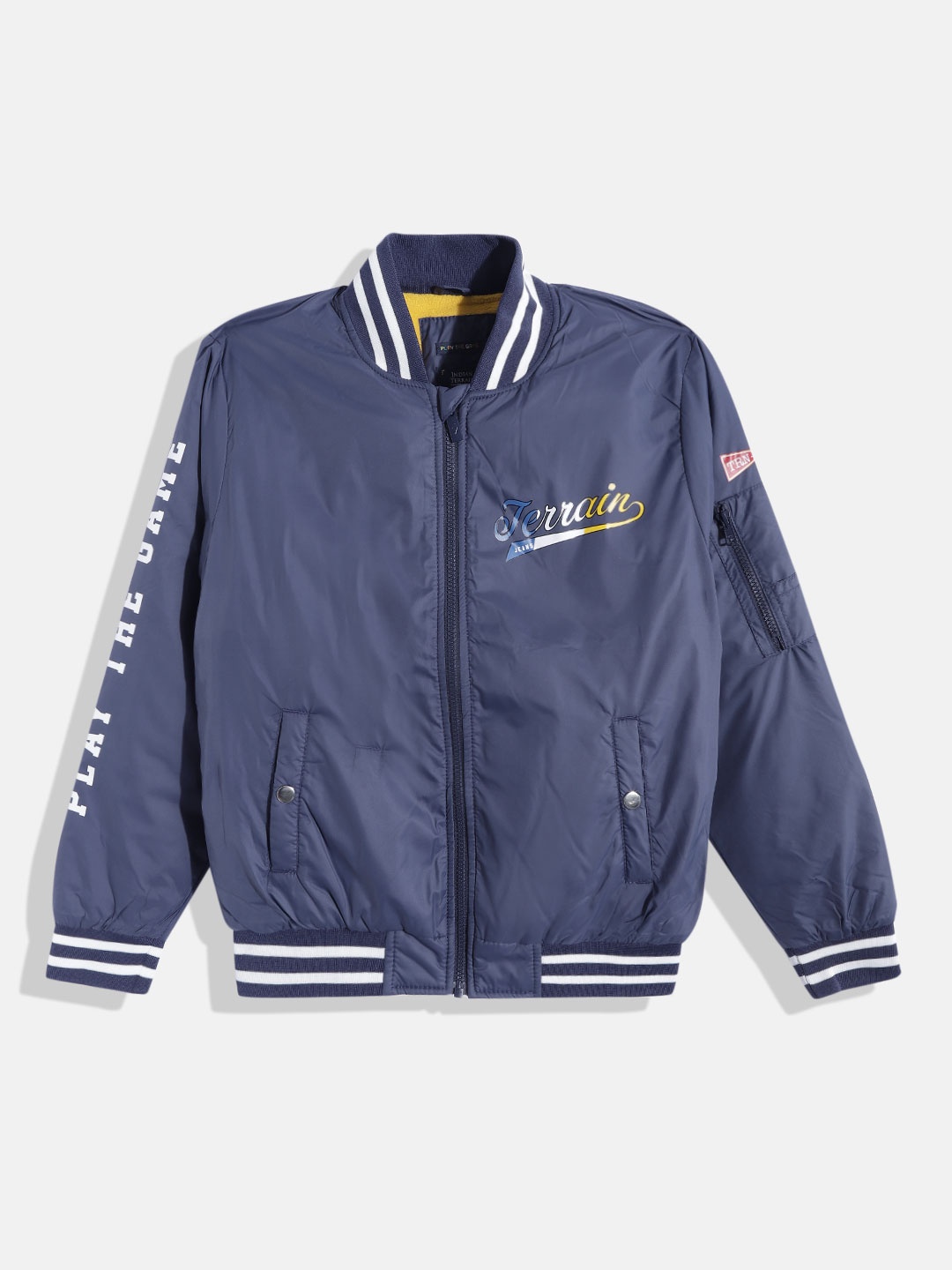 

Indian Terrain Boys Navy Blue Solid Varsity Jacket