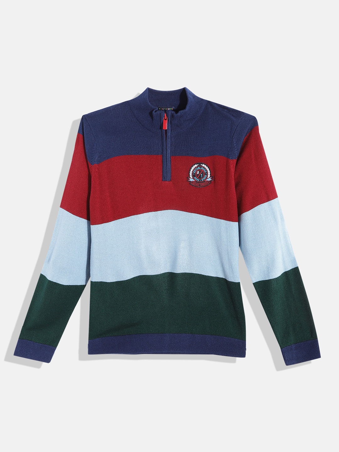 

Indian Terrain Boys Blue & Red Striped Pullover with Applique Detail